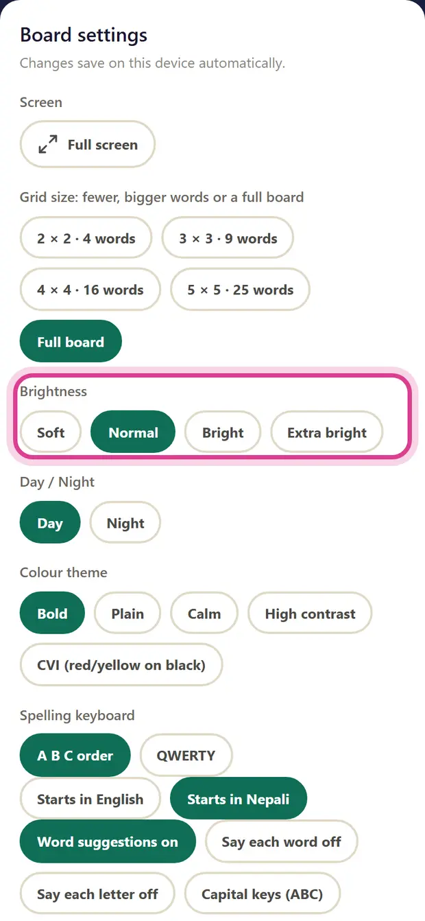 The brightness choices