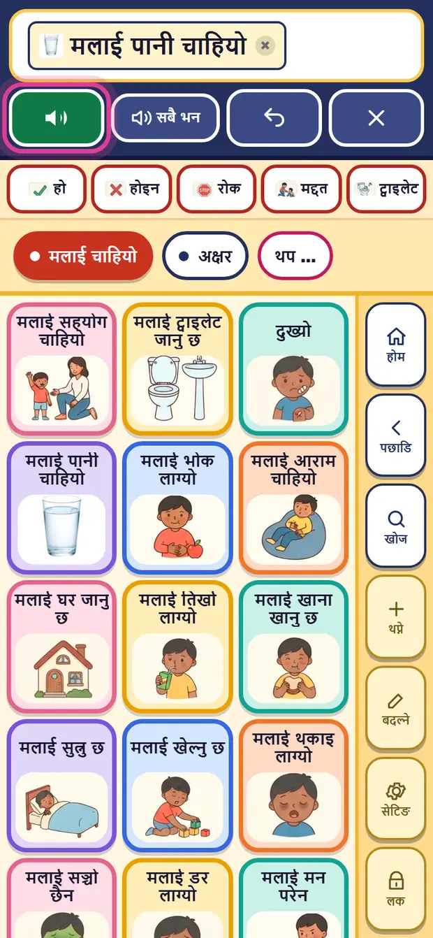 वाक्यको बारमा “मलाई पानी चाहियो”, बोल्ने बटन देखाइएको
